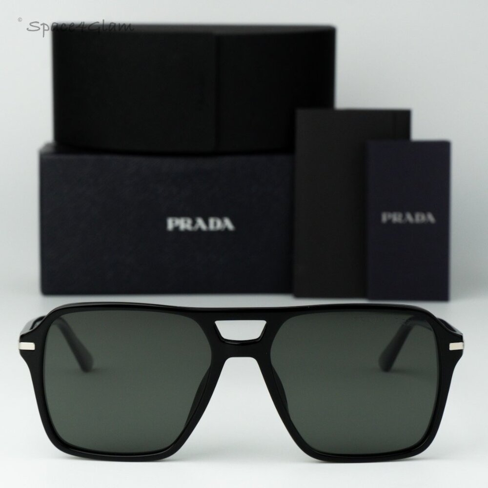 Prada Men Sunglasses Black Green Polarized Pilot PR20YS 1AB03R NEW AUTHENTIC
